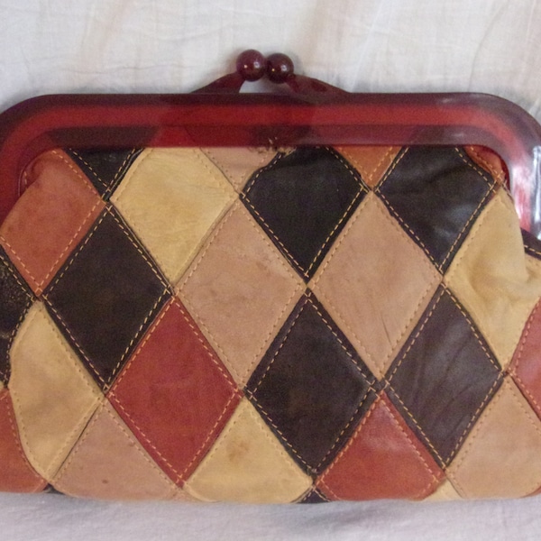 Vintage 1970s Clutch Brown Leather Patchwork Mod Purse