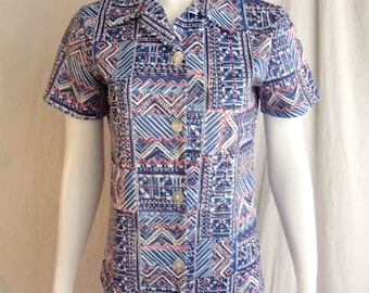 Vintage 1970s Blouse Polyester Abstract Print Red White and Blue Medium