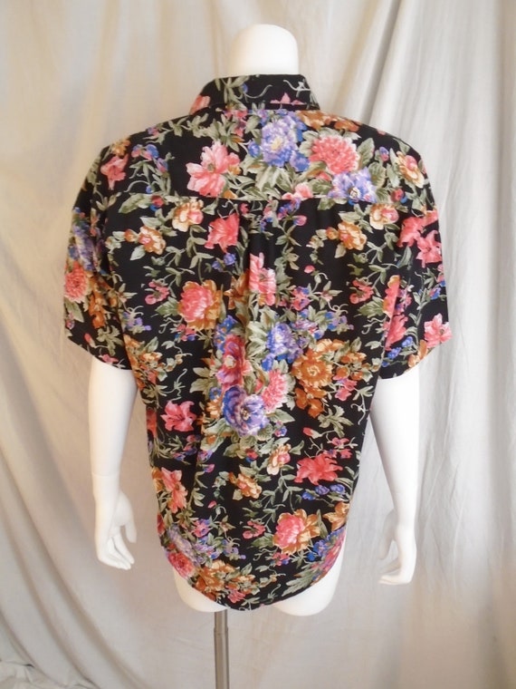 Vintage 1980s Cotton Print Blouse Fall Floral Bla… - image 6