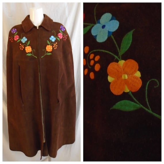 Vintage 1960s Cape Long Suede Cape Boho Embroidere