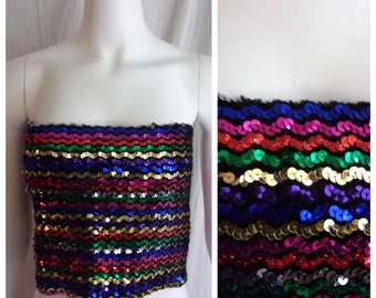 Vintage 1970s Sequined Tube Top Rainbow Disco Medium