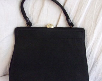 Vintage 1950s Black Wool Upright Purse Kelly Bag Top Handle