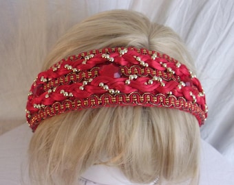 Vintage 80s Red Off-white Color Headband Handmade,red and  display picture 1
