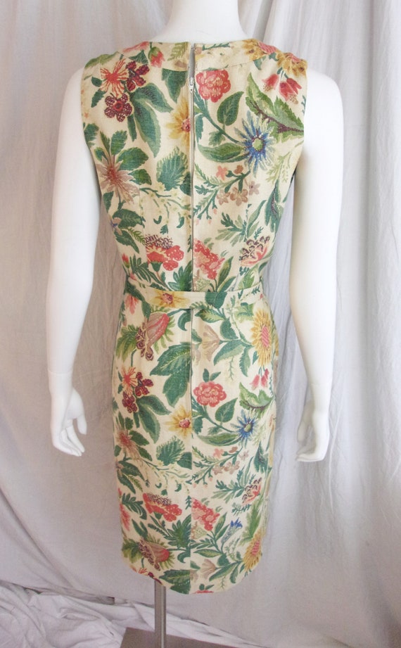 Vintage 1960s Dress Linen Floral Sheath Muted Sha… - image 5