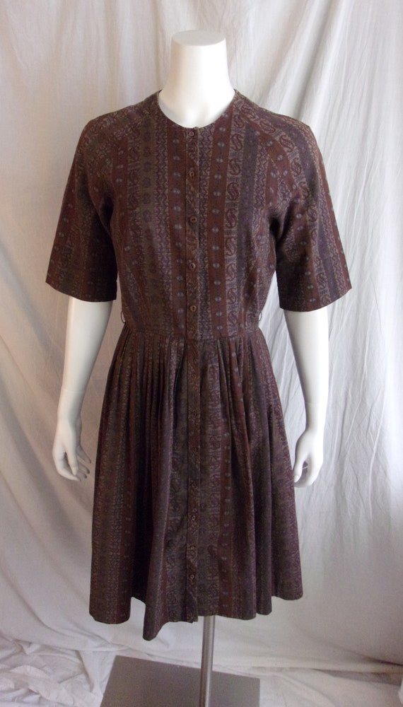 Vintage 1950s Dress Brown Paisley Print Cotton Sh… - image 5