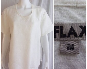 Vintage 1990s Blouse White Linen by Flax Easy Fit Pullover Large