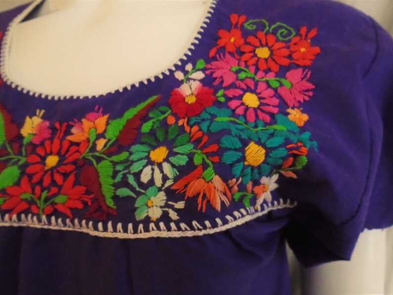 Vintage 1970s Blouse Purple Peasant Top with Multi Color Embroidery Puffed Sleeves Medium