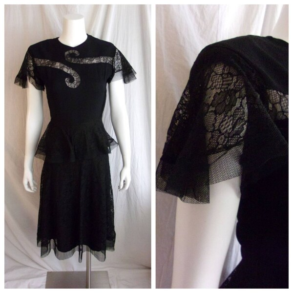 Vintage 1940s Dress Black Crepe and Lace Peplum Dress Cocktail Small