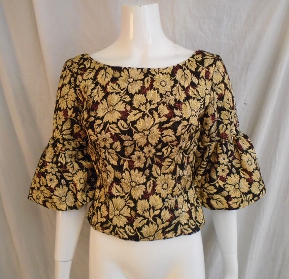 Vintage 1960s Top Gold and Black Brocade Mod Top w