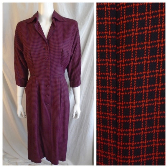 Vintage 1950s Dress Navy and Red Check Rayon Day D