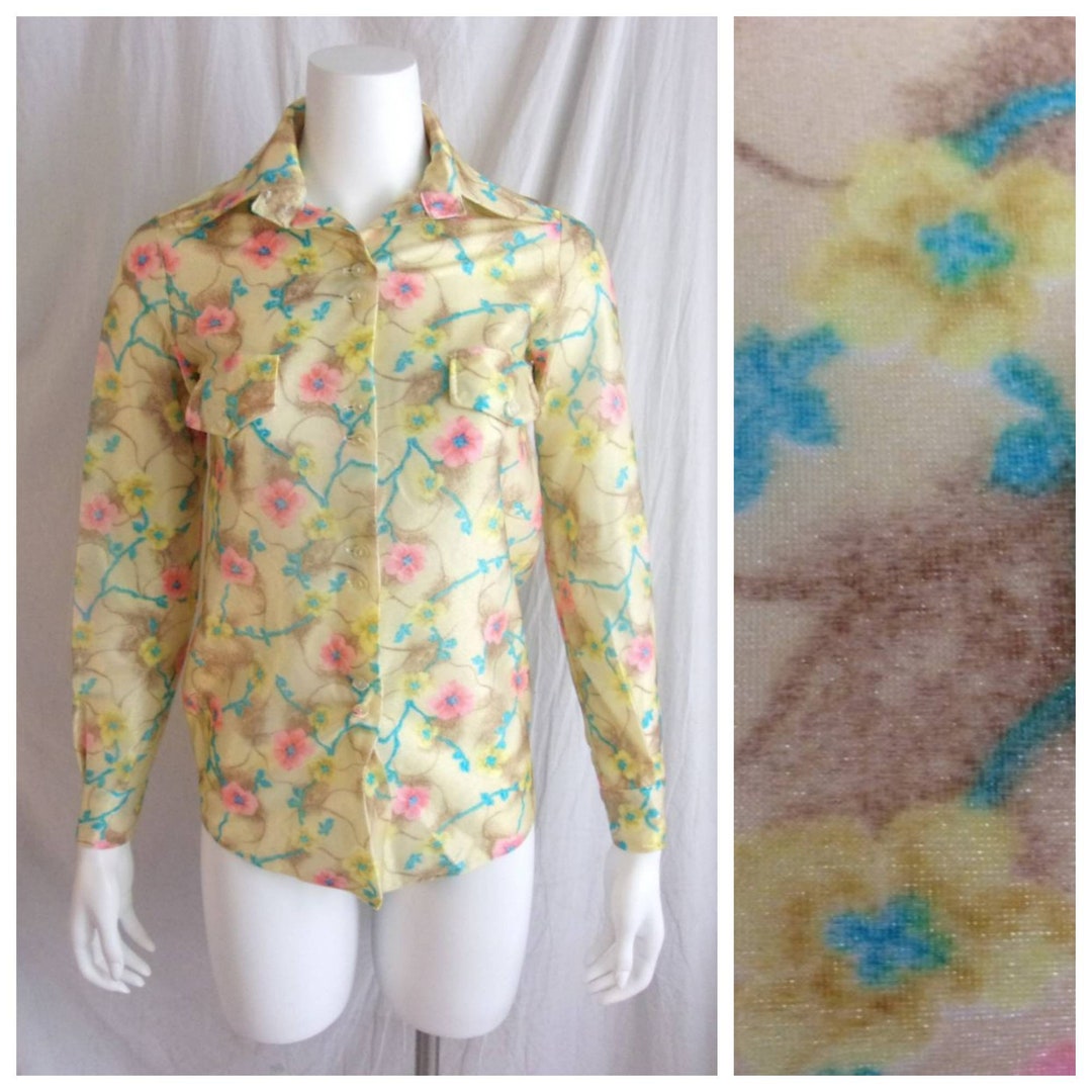 70s french floral knit disco blouse