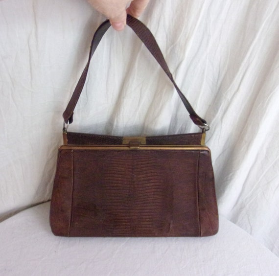 Vintage 1950s Purse Brown Lizard Kelly Bag MCM Ha… - image 1