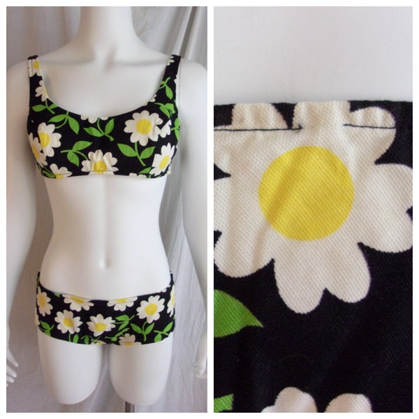 RESERVED Vintage 1960s Bikini Mod Floral Print Black White and Yellow Flower Power Small
