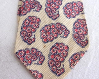 Vintage 1930s Necktie Paisley Print Cream Red Blue