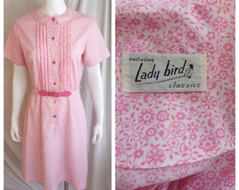 Vintage 1960s Dress Pink Floral Day Dress Shirtwaist Large