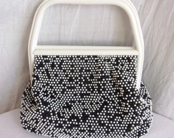 Vintage 1960s Purse Black and White Plastic Bead Large Top Handle