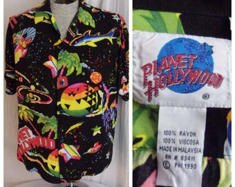 Vintage 1990s Shirt Planet Hollywood Print Surfers Sharks M/L