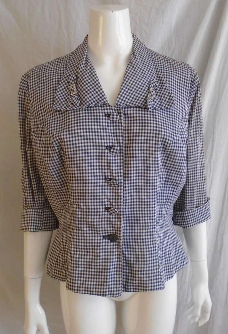 Vintage 1950s Suit Jacket Blue and White Checked Print Fitted Peplum Jacket XL