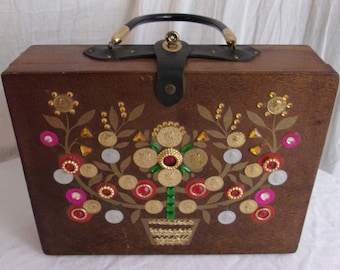 Vintage 1960s Purse Wooden Box Purse with Coins Money Tree Enid Collins Style
