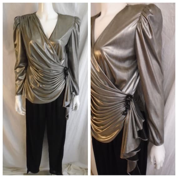 Vintage 1980s Jumpsuit Silver Metallic and Black S