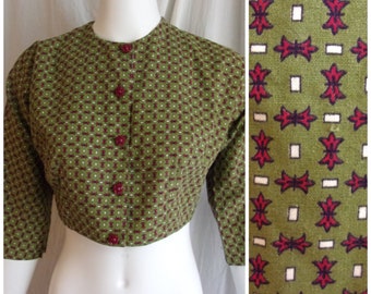 Vintage 1950s Bolero Jacket Olive/Multi Cotton Print Top Cropped Button Down