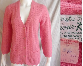 Vintage 1960s Sweater Bright Pink Cardigan Long Notched Hem Fancy Stitch M/L