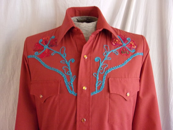 Vintage 1970s Cowboy Shirt Red Western Embroidere… - image 5