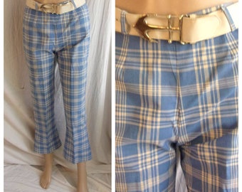 Vintage 1960s Pants Blue and White Flared Capris with Anchor Buckle Belt XS