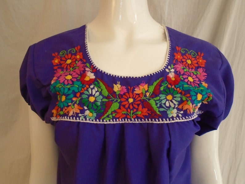 Vintage 1970s Blouse Purple Peasant Top with Multi Color Embroidery Puffed Sleeves Medium