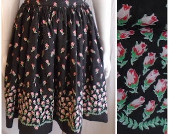 Vintage 1950s Skirt Rose Cotton Border Print Skirt Pink and Black Waist 25” XS