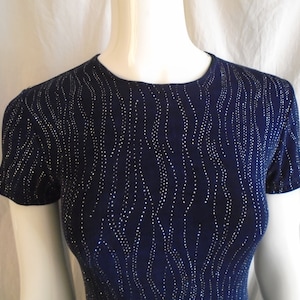 SALE Vintage 1980s Dress Blue Rayon Mini Dress with Silver Glitter Bod Con Last Days of Disco S/M