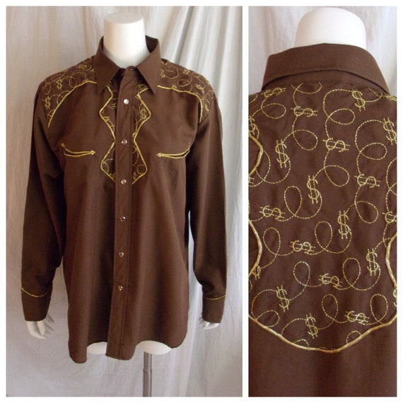 Vintage 1970s Shirt Brown Cowboy Shirt with Gold … - image 1