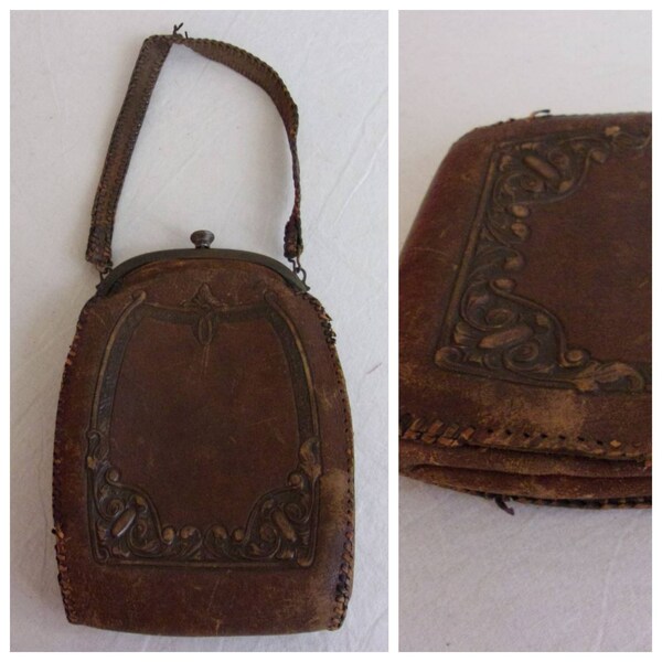 Vintage 1920s Purse Tooled Leather Art Nouveau Top Handle