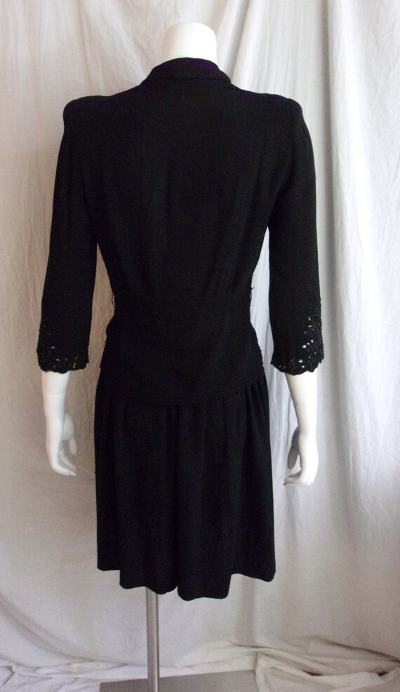 Vintage 1940s Dress Black Rayon Crepe with Eyelet… - image 4