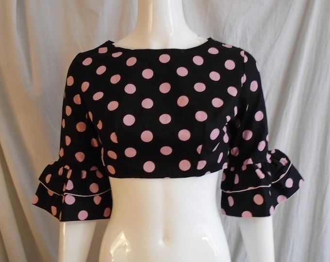 1960s Handmade Crocheted Crop Top in Blue & Pale Pink w Ruffled Cap Sleeve and Body