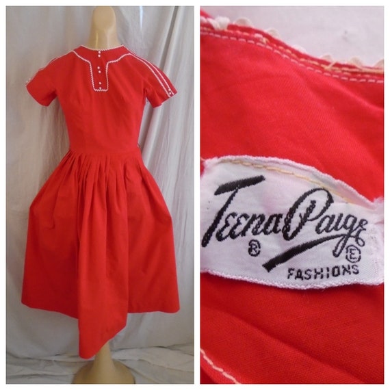Vintage 1950s Dress Red Cotton Day Dress Teena Pa… - image 1