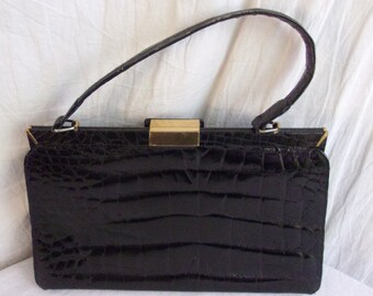 Vintage 1950s Purse Black Leather Kelly Bag Alligator Embossed