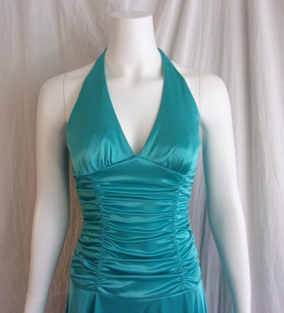 Vintage 1990s Halter Dress Turquoise Flaring Skir… - image 6