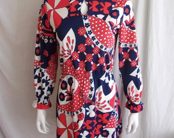 Vintage 1960s Dress Mod Print Mini Dress Red White and Blue Medium