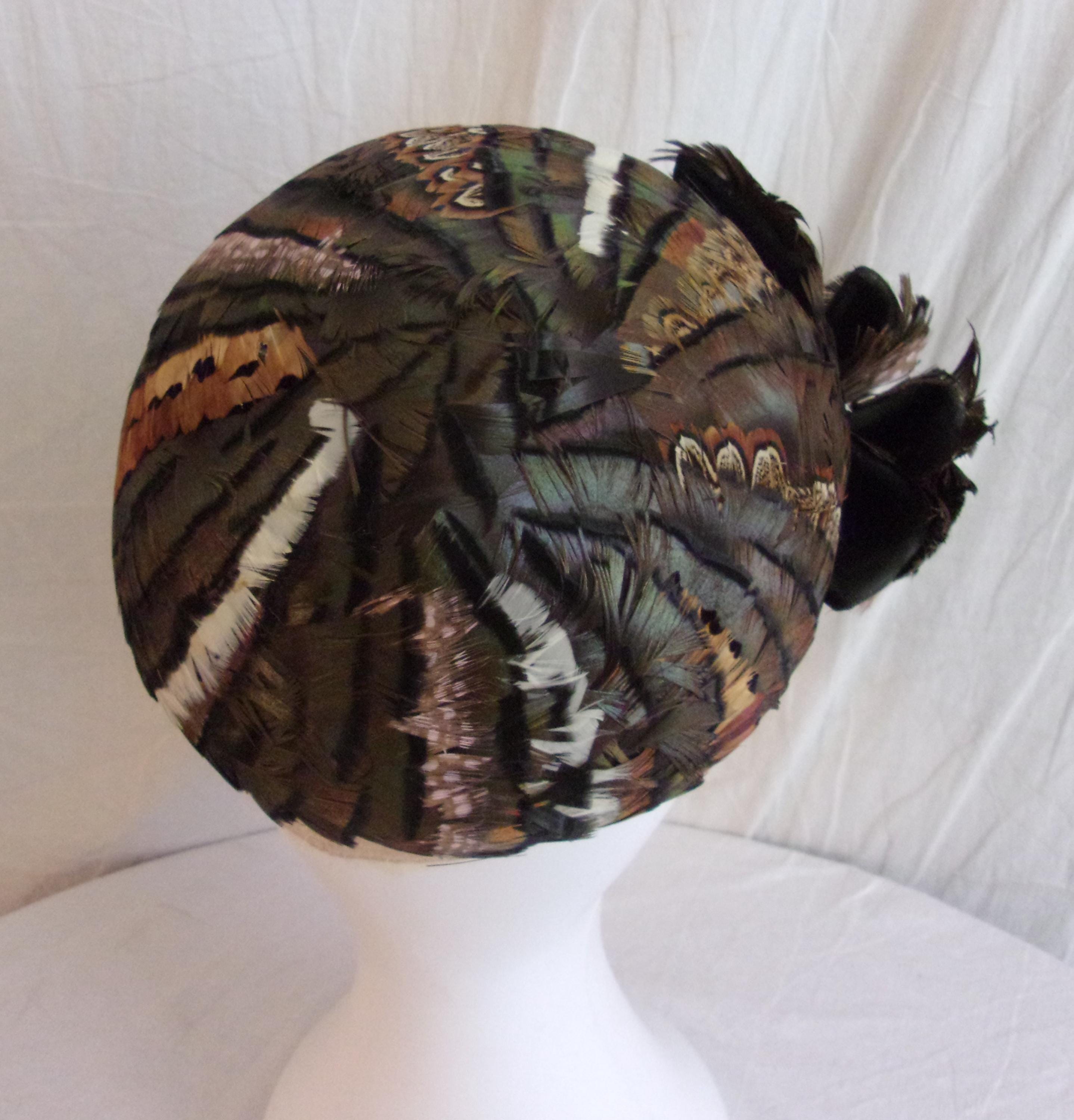 STYLISH 1950s\' MUSTARD FURRY FELT TOQUE WITH BEADED TRIM & BROWN OSTRICH FEATHER Stetson 3X Beaver Felt Hat Caramel Briown Vintage Fedora Hat  main image 3