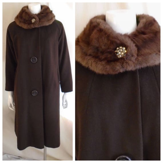 Vintage 1960s Coat Dark Brown Dress Coat Fur Colla