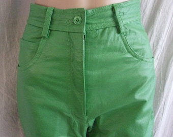 Vintage 1980s Pants Bright Green Leather Womens Pants XS