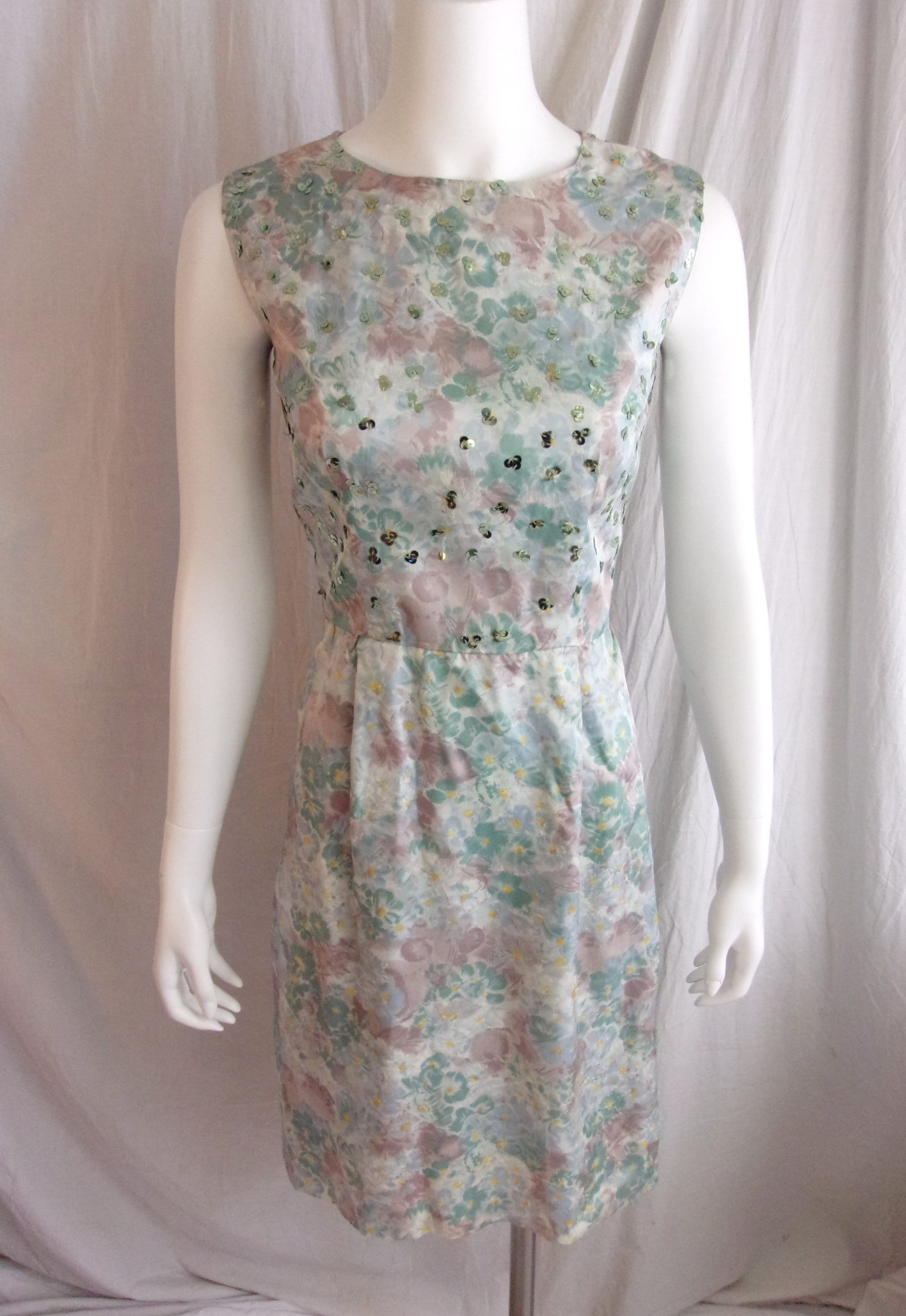 Vintage 1960s Dress Blue Green Tan Floral Wiggle Dress with Scattered Sequins Small Petite