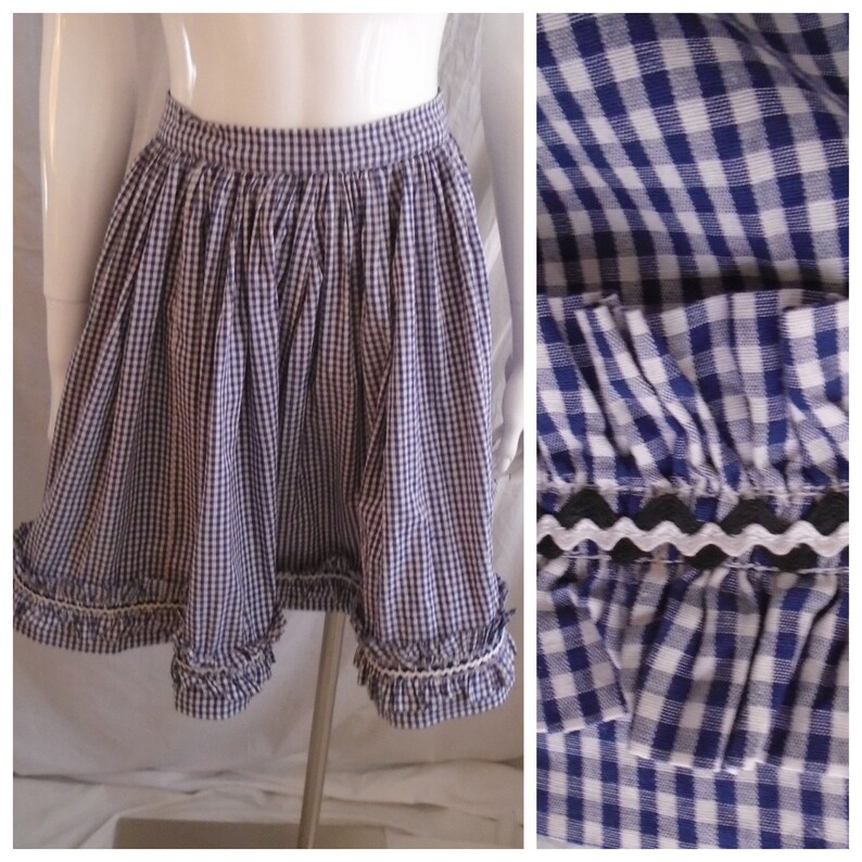 Vintage 1950s Skirt Gingham Navy and White Circle Skirt With Ruffle XS 25 Waist