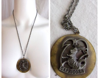 Vintage 1970s Capricorn Pendants and Necklace Zodiac Boho Jewelry