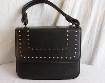 Vintage 1950s Purse Black Leather Top Handle with Perforations