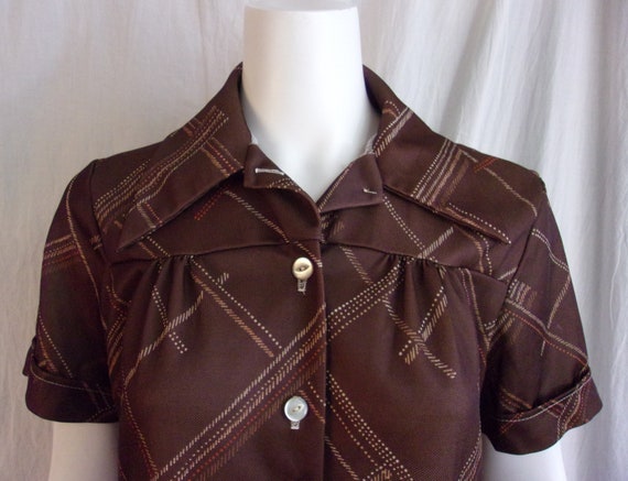 Vintage 1970s Blouse Brown Polyester Print Smock … - image 6