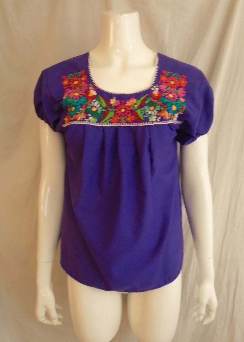 Vintage 1970s Blouse Purple Peasant Top with Multi Color Embroidery Puffed Sleeves Medium