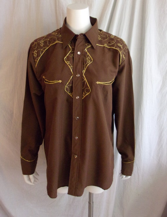 Vintage 1970s Shirt Brown Cowboy Shirt with Gold … - image 3