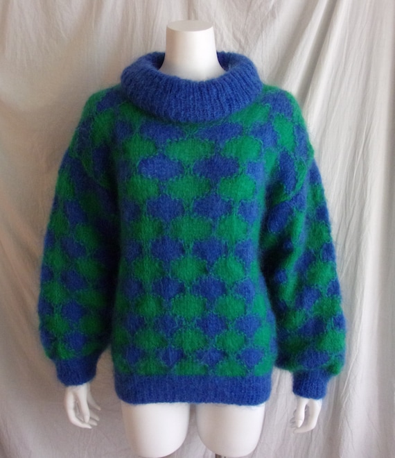 Vintage 1960s Sweater Green and Blue Mohair Oversized Mock Neck L